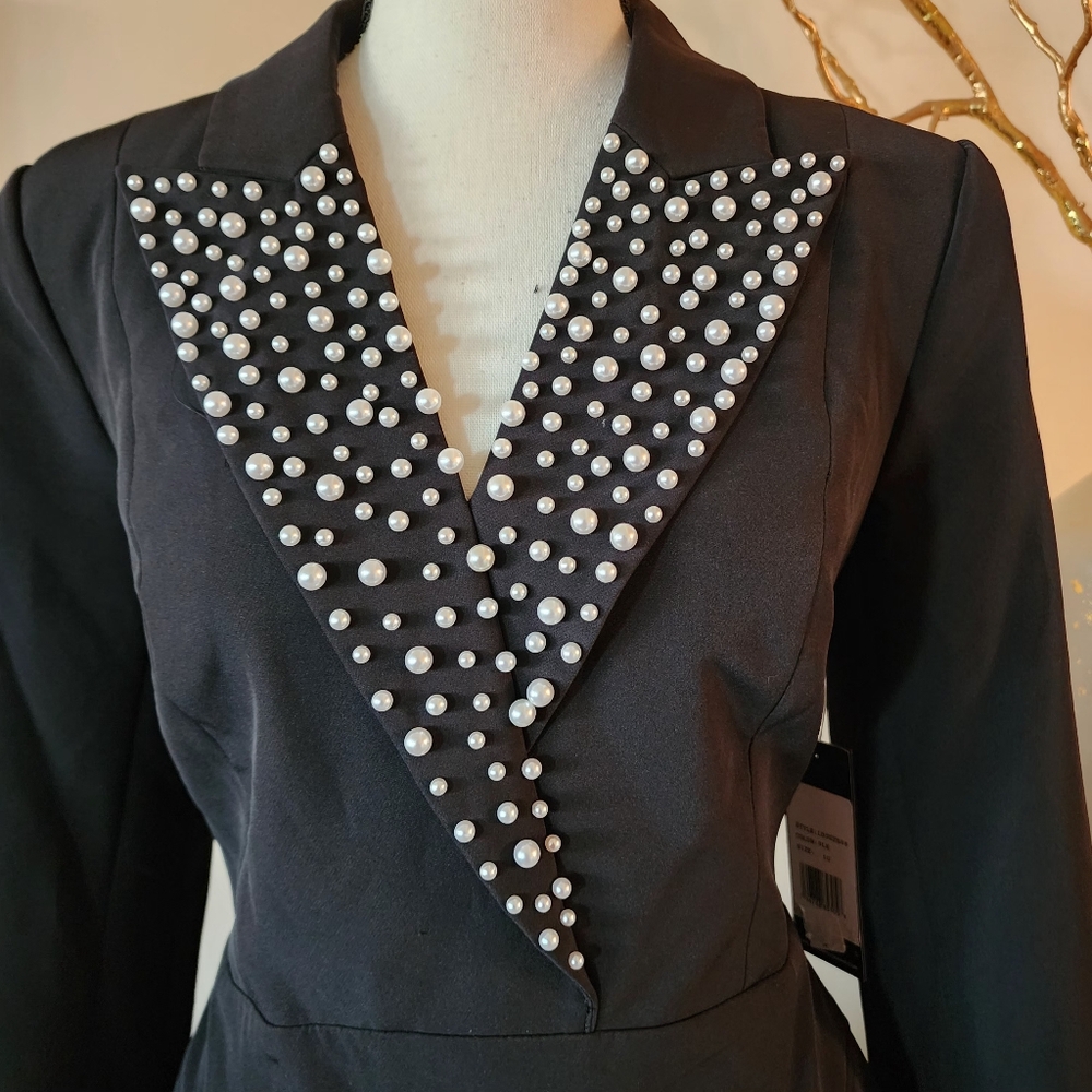 Karl Lagerfeld Pearl Embellished Tuxedo Collar Dress - Picture 8 of 14
